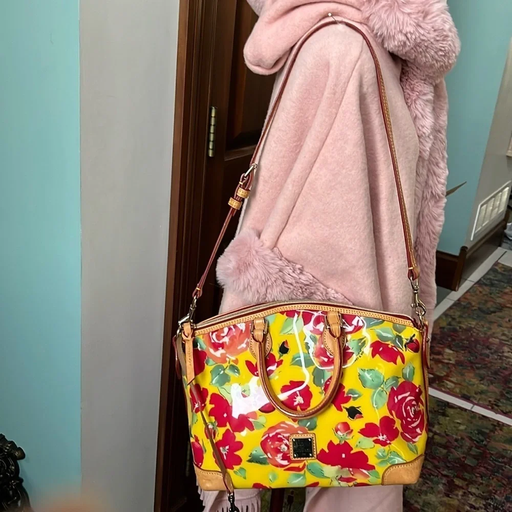 Dooney Bourke  Satchel Crossbody  shoulder Bag  vinyl coated floral/leather EUC